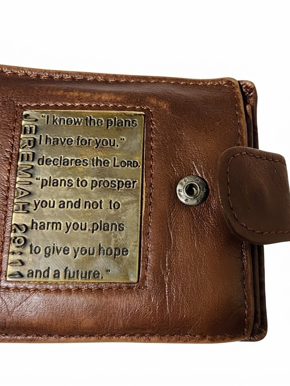 Brown Leather Wallet with Jeremiah 29:11 Metal Plaque - Men’s Accessory
